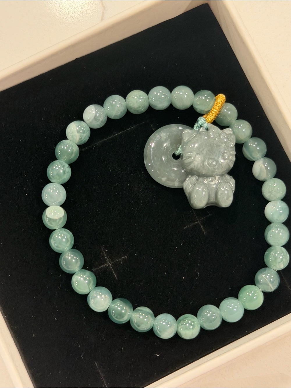 Authentic Blue Water Green Jade Bead Bracelet with Hello Kitty Charm